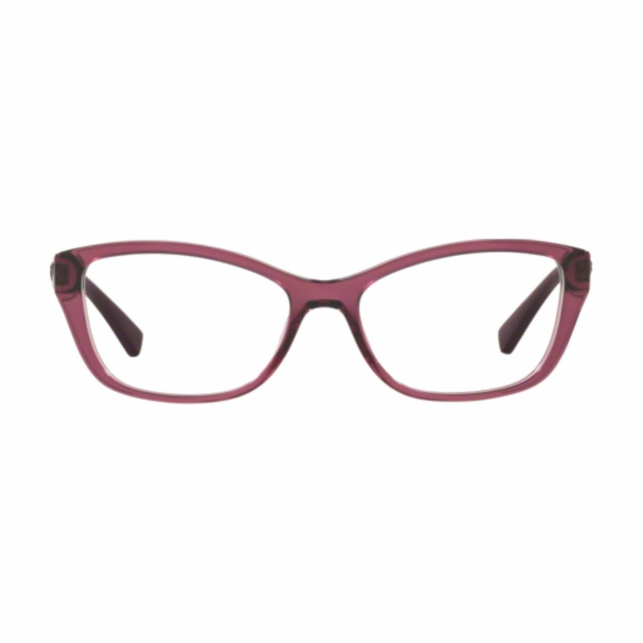 Versace VE3236-5220 Transparent Plum Cat-Eye Women's Plastic Eyeglasses displayed elegantly with a stylish design.